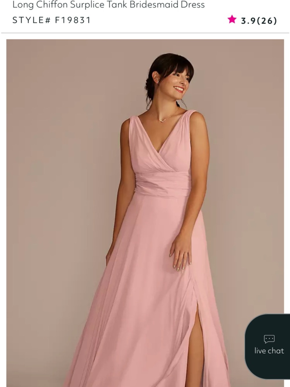 David's Bridal Soft Pink Chiffon Surplice V-Neck Bridesmaid Gown